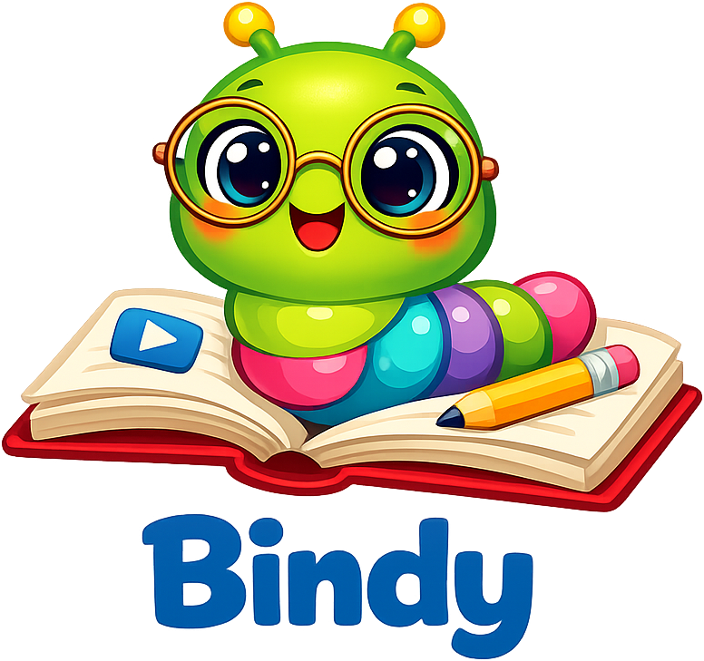 Bindy, the Video2PDF bookworm mascot, reading an open book